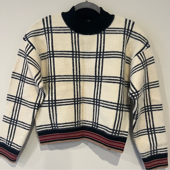 Mango black white checkered striped crew neck long sleeve sweater - Picture 1 of 4
